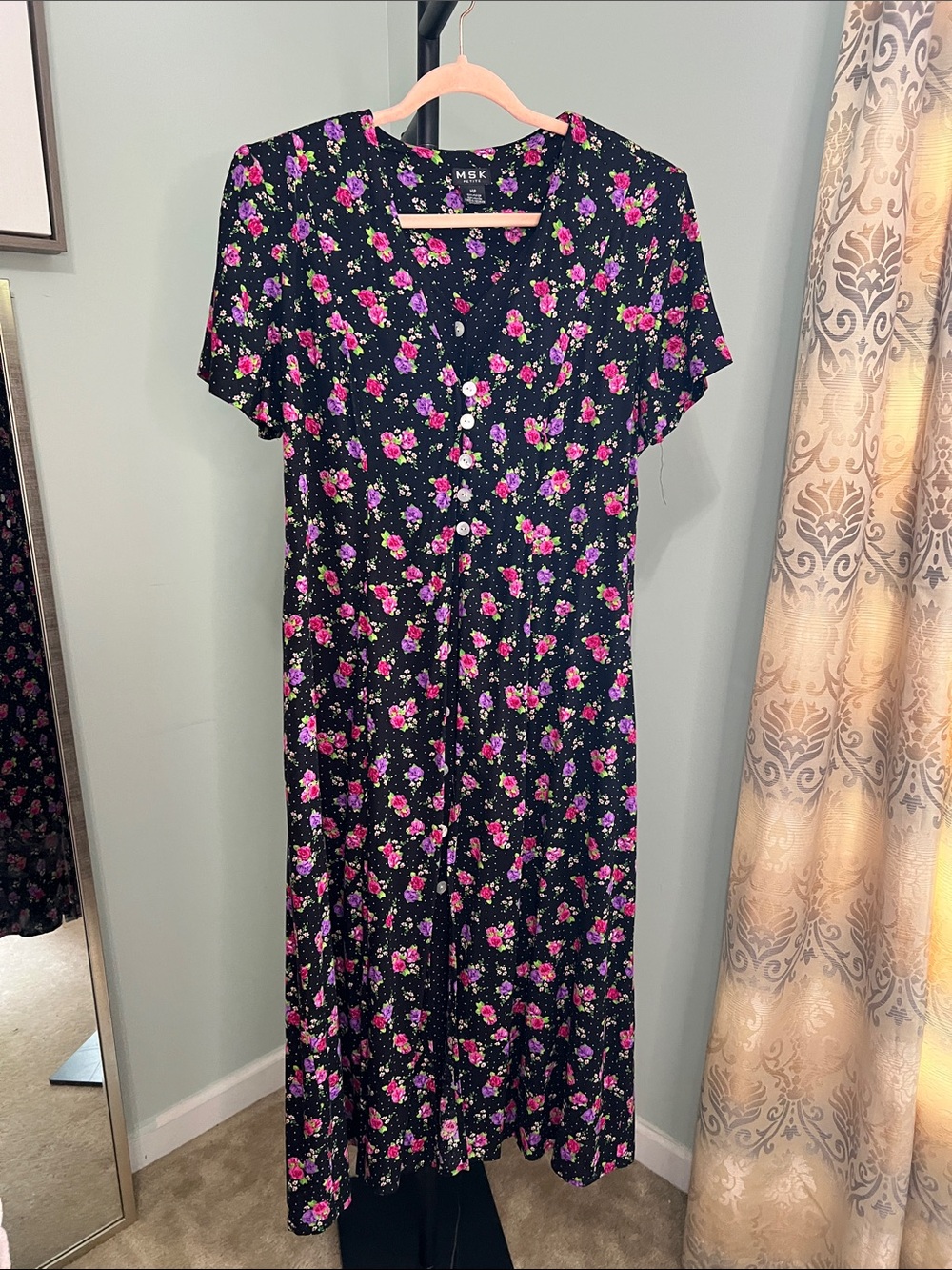 MSK Vintage Black Midi Dress with Pink & Purple Floral Print